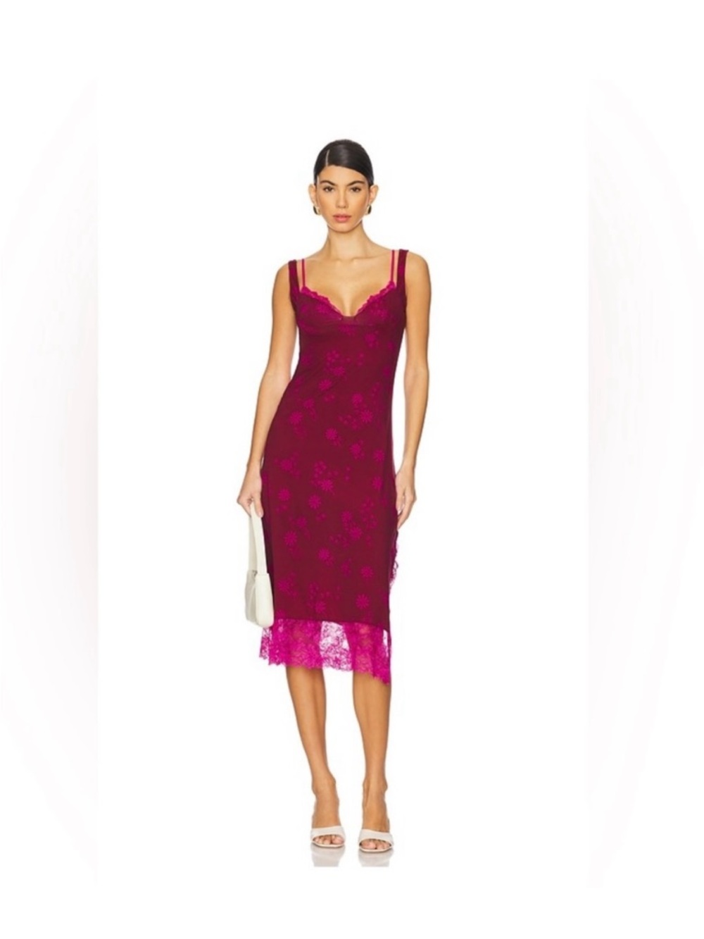 Free People Fuchsia Lace-Trim Midi Slip Dress